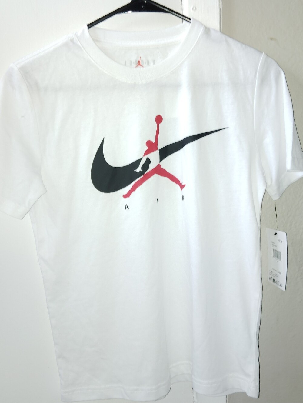 Jordan White Short-Sleeve Tee with Black Swoosh and Red Jumpman